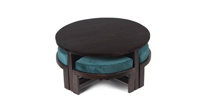 Nashville Sheesham Wood Coffee Table with 4 Stools Set in Mahogany Finish & Turquoise Sea Velvet fabric Cushions (Mahogany Finish) by Urban Ladder - Design 1 Side View - 679182