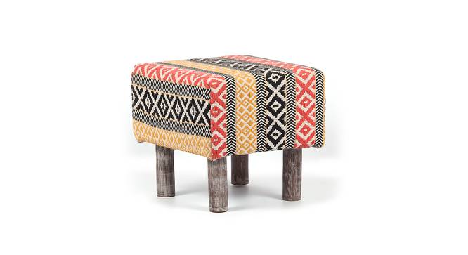 Verona Solid Wood Pouf Stool in Textured Cyan Blue Jackard fabric (Multicoloured) by Urban Ladder - Front View Design 1 - 679361
