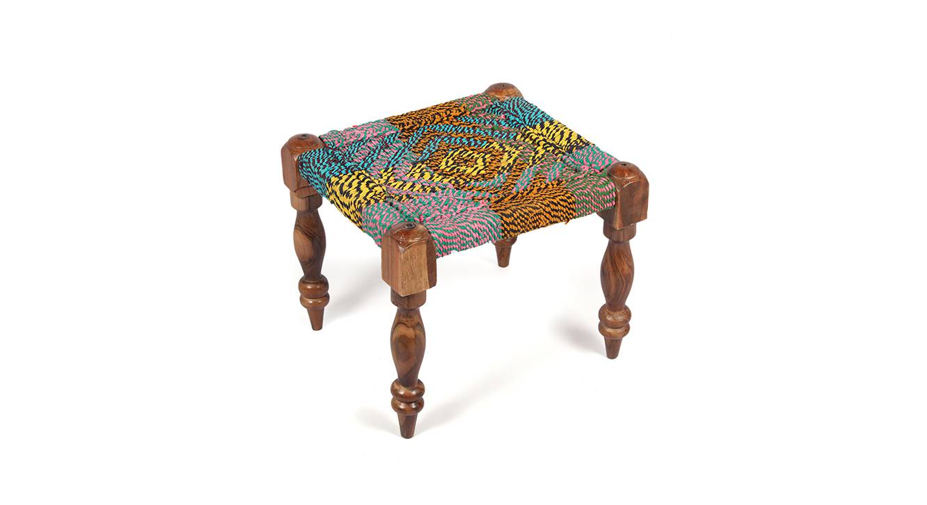 Riaza Sheesham Wood Maachi Stool in Natural Jute & Silver Rope Canning