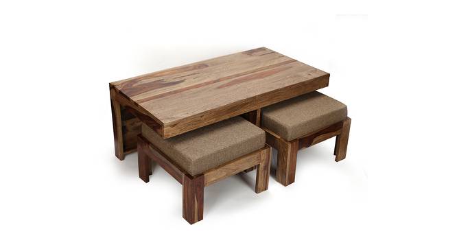 Irish Sheesham Wood Coffee Table with 2 Stools Set in Mahogany Finish & Turquoise Sea Velvet fabric Cushions (Teak Finish) by Urban Ladder - Front View Design 1 - 679371