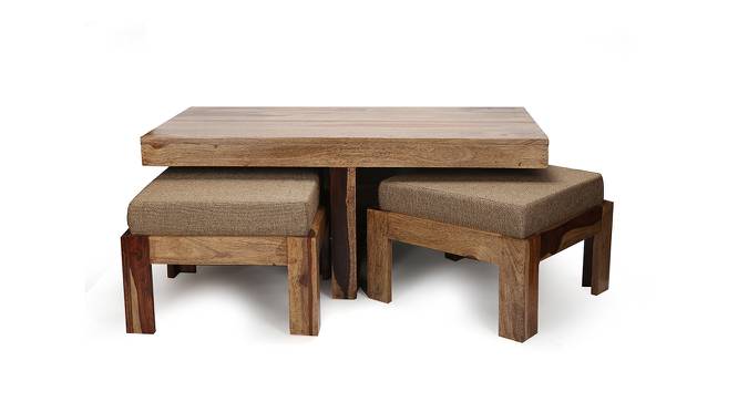Irish Sheesham Wood Coffee Table with 2 Stools Set in Mahogany Finish & Turquoise Sea Velvet fabric Cushions (Teak Finish) by Urban Ladder - Design 1 Side View - 679389