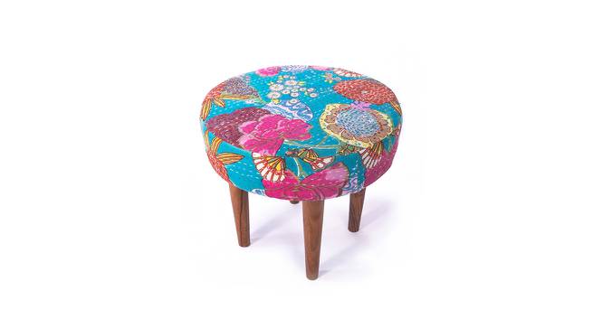 Nayla Solid Wood Stool in Textured Cyan Blue Jackard fabric (Blue) by Urban Ladder - Front View Design 1 - 679452