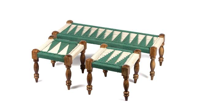Hamilton Sheesham Wood 2 Seater Maachi Bench set with 2 Stools in Assorted Multi-Colour Chindi & Yellow Rope Canning (Green) by Urban Ladder - Front View Design 1 - 679621