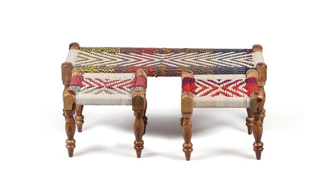 Hamilton Sheesham Wood 2 Seater Maachi Bench set with 2 Stools in Assorted Multi-Colour Chindi & Yellow Rope Canning (Multicoloured) by Urban Ladder - Design 1 Side View - 679640