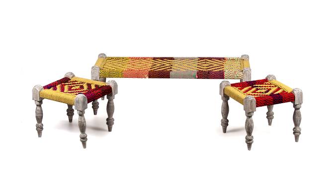 Hamilton Sheesham Wood 2 Seater Maachi Bench set with 2 Stools in Assorted Multi-Colour Chindi & Yellow Rope Canning (Multicoloured) by Urban Ladder - Design 1 Side View - 679642