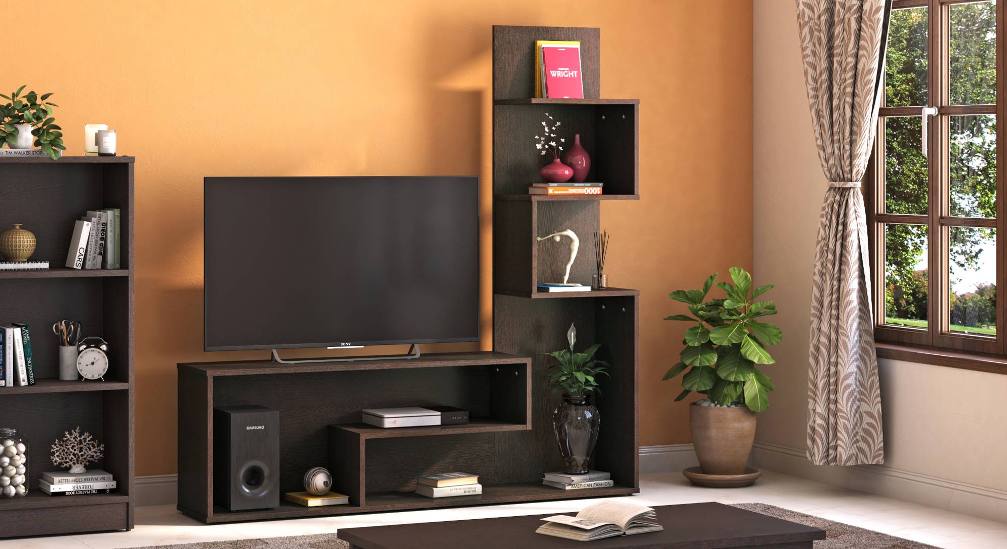 Clark Engineered Wood Free Standing TV Unit in Walnut Finish Urban Ladder