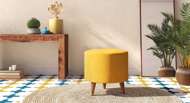 Collie Footstool (Shape : round; Finish : Teak, Fabric: Yellow velvet ) (Yellow) by Urban Ladder - Close View - 