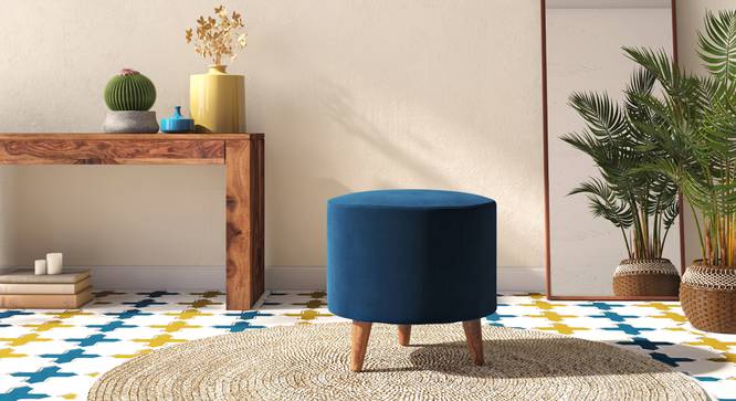 Collie Footstool (Shape : round; Finish :Teak,Fabric: Blue velvet ) (Blue) by Urban Ladder - Front View - 