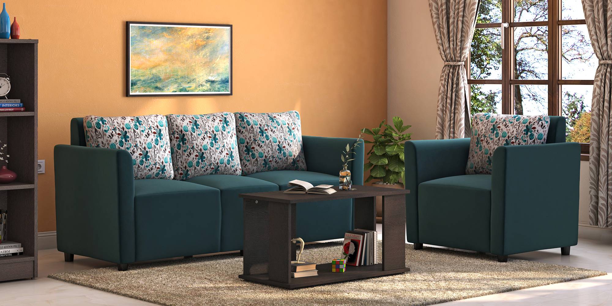 Ella 1 Seater Fabric Sofa - Tempo Teal with Teal Floral by Urban Ladder - - 