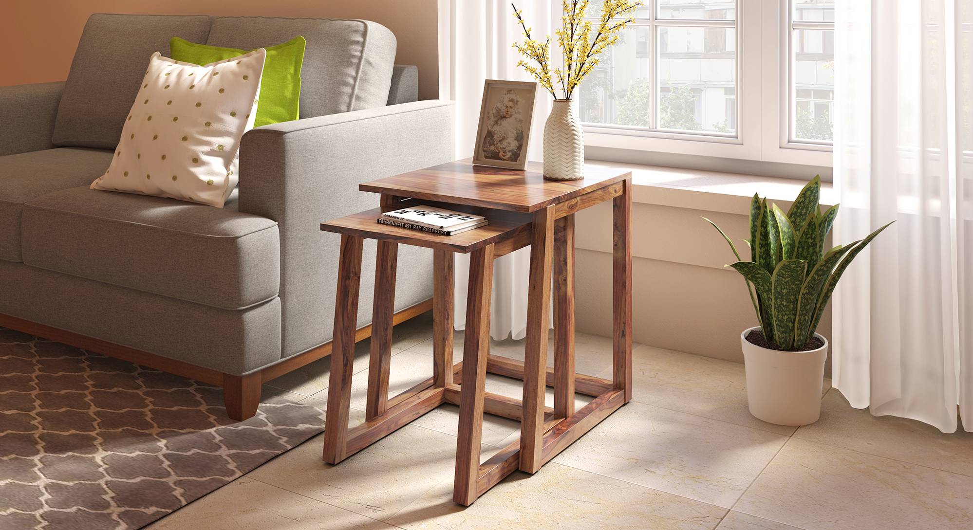 Silvino Solid Wood Nested Side Table in Teak Finish Urban Ladder