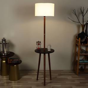 Pristine Interiors Design Faraday Floor Lamp with Side Table (Natural Linen Shade Colour, Light Walnut Base Finish)