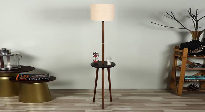 Faraday Floor Lamp with Side Table (Natural Linen Shade Colour, Light Walnut Base Finish) by Urban Ladder - - 