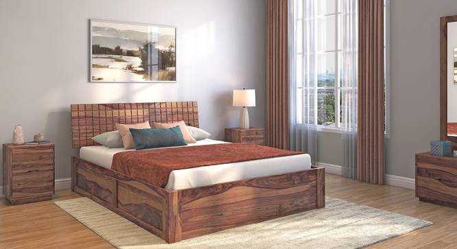 Valencia Storage Bed (Solid Wood) (Teak Finish, Queen Bed Size, Hydraulic Storage Type) by Urban Ladder - Front View - 703006