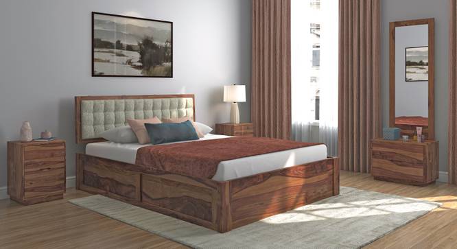 Florence Storage Bed (Solid Wood) (Teak Finish, King Bed Size, Monochrome Paisley, Hydraulic Storage Type) by Urban Ladder - Front View - 703030