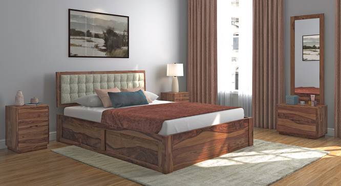 Florence Storage Bed (Solid Wood) (Teak Finish, Queen Bed Size, Monochrome Paisley, Hydraulic Storage Type) by Urban Ladder - Front View - 703039