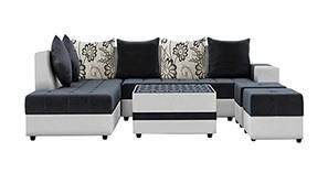 Stalia Sectional Fabric Sofa Set with Centre Table & 2 Puffy (Dark Grey-Light Grey)