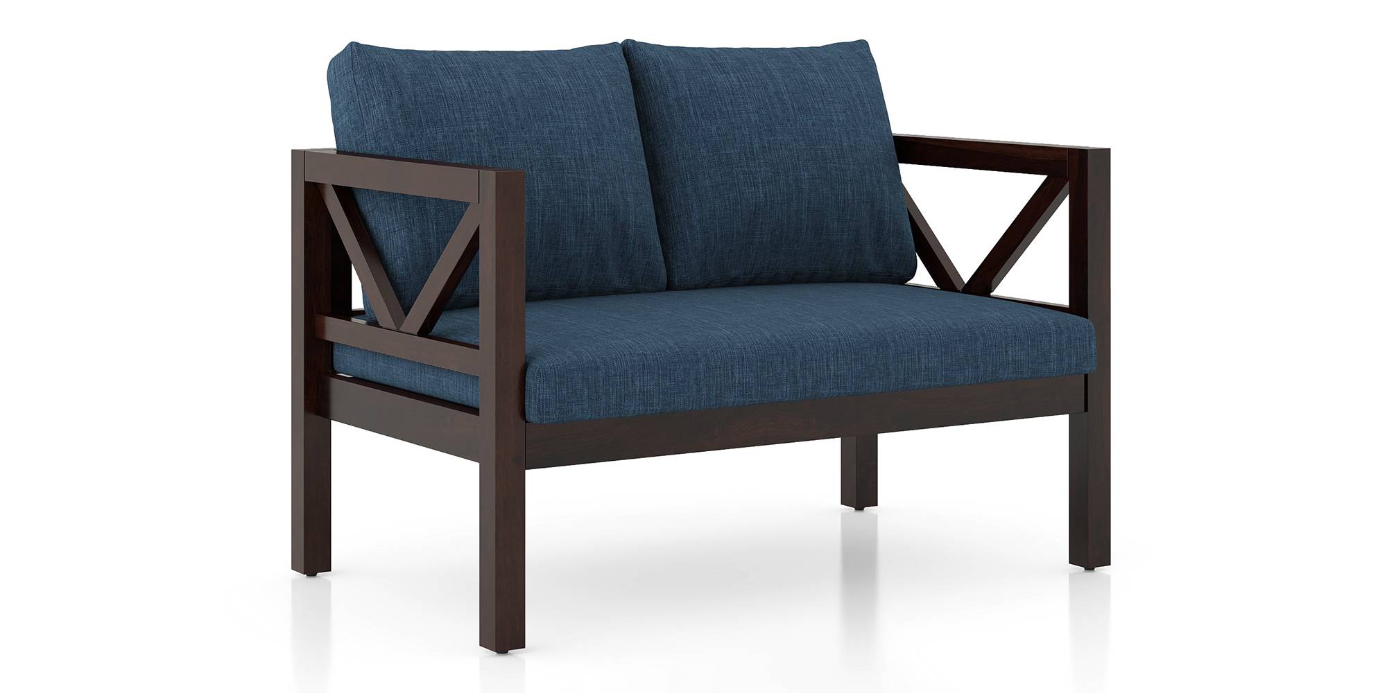 Alden wooden sofa Finish Mahogany (Indigo Blue honduras) Urban Ladder