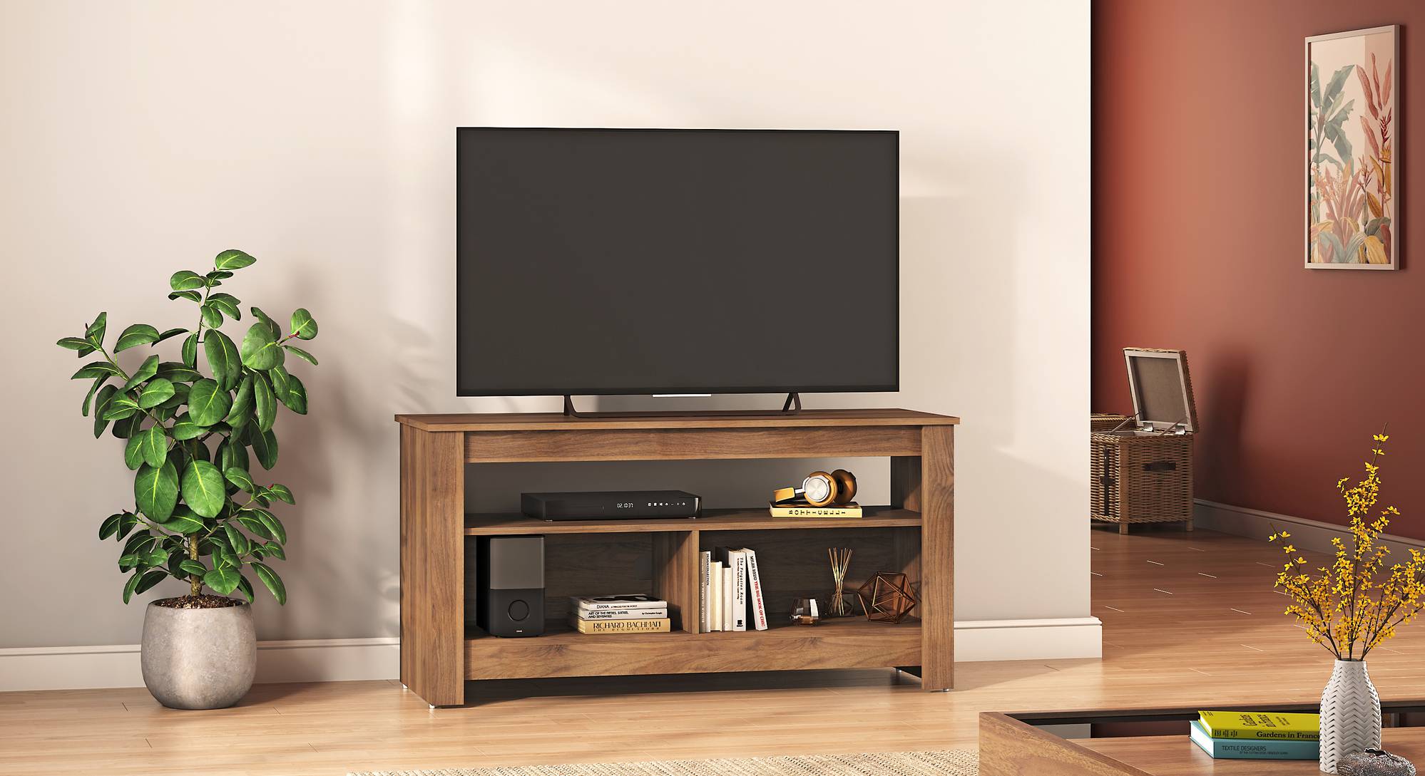 Monroe Engineered Wood Free Standing TV Unit in Classic Walnut Finish Urban Ladder