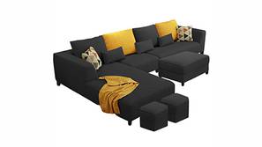 Miana Sectional Fabric Sofa with 1 Centre Table & 2 Puffy (Dark Blue)