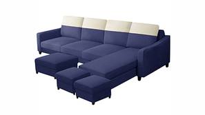 Archie Sectional Fabric Sofa Set with 1 Centre Table & 2 Puffy (Blue)