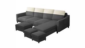 Archie Sectional Fabric Sofa Set with 1 Centre Table & 2 Puffy (Dark Grey)