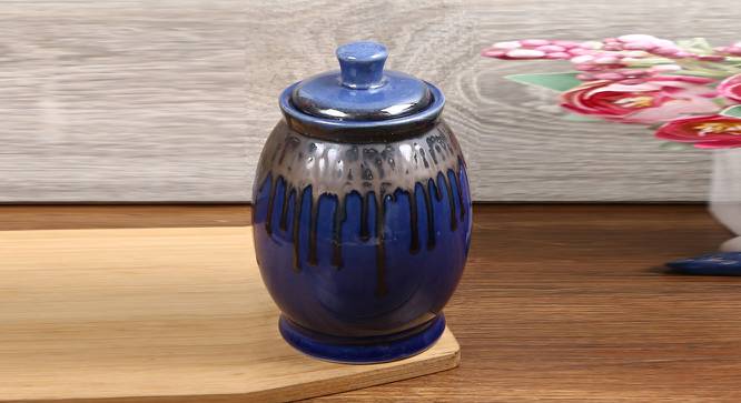 Circular Ceramic Handcrafted Storage Jar (Blue) by Urban Ladder - Design 1 Side View - 729180