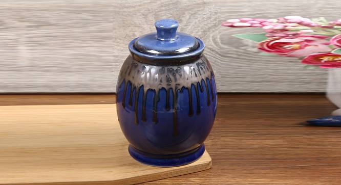 Circular Ceramic Handcrafted Storage Jar (Blue) by Urban Ladder - Design 1 Side View - 729180