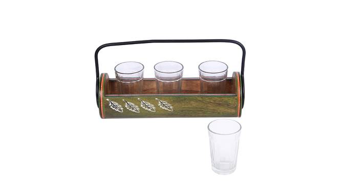 Set of 3 Glass with Wooden Tray (Green & Transparent) by Urban Ladder - Design 1 Side View - 729318