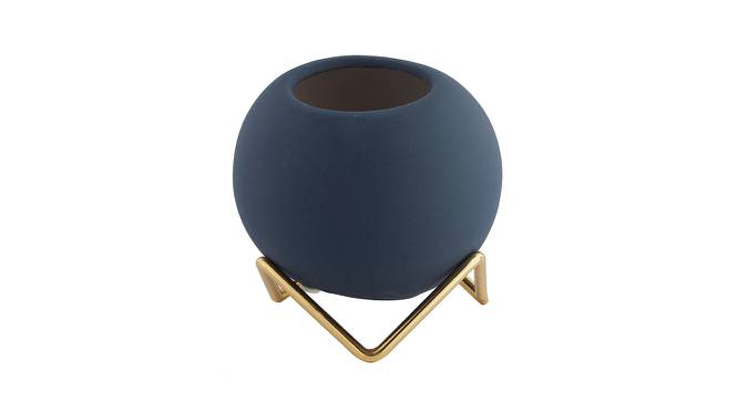 Blue Coloured Ceramic Vase with Golden Stand (Grey) by Urban Ladder - Design 1 Side View - 729376