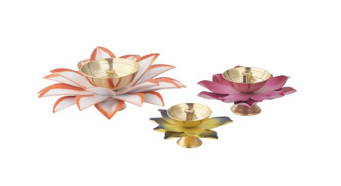 Set Of 3 Colorful Lotus Metal Diyas (Multi) by Urban Ladder - Design 1 Side View - 729415