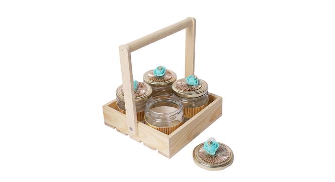 Square-Shaped Wooden Basket with 4 Glass Jars (Brown & Blue) by Urban Ladder - Front View Design 1 - 729511