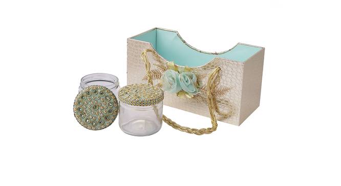 Golden Box Shaped Basket with two Glass Jars BASK2105 (Golden & Blue) by Urban Ladder - Front View Design 1 - 729513