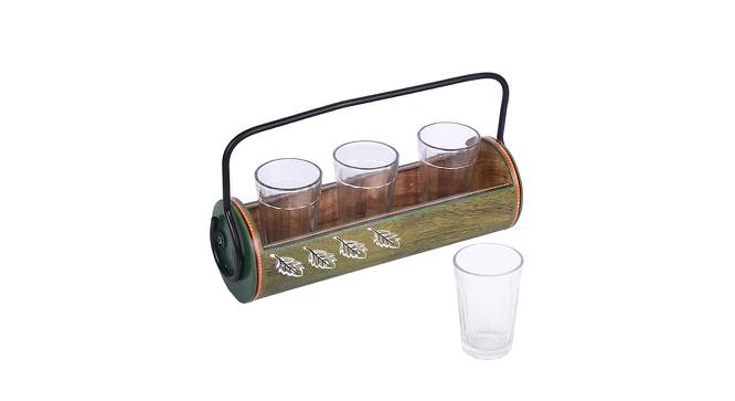Set of 3 Glass with Wooden Tray (Green & Transparent) by Urban Ladder - Front View Design 1 - 729700