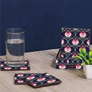 Home Decor Design Geometric Pattern, Blue- Pink Color, Set of 6 coasters and 1 stand, 4x4 inch Coasters (Multicolor)