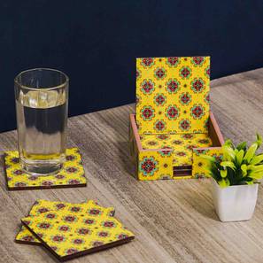 Trays Platters Design Abstract Pattern, Yellow Color, Set of 6 coasters and 1 stand, 4x4 inch Coasters (Yellow)