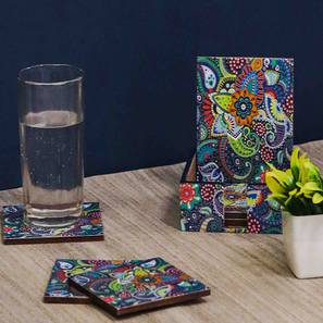 Trays Platters Design Ethnic Pattern, Blue Color, Set of 6 coasters and 1 stand, 4x4 inch Coasters (Multicolor)