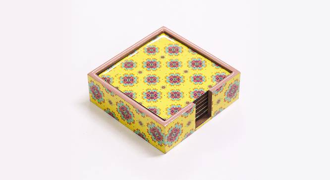 Ambbi Collections Abstract Pattern, Yellow Color, Set of 6 coasters and 1 stand, 4x4 inch Coasters (Yellow) by Urban Ladder - Front View Design 1 - 733212