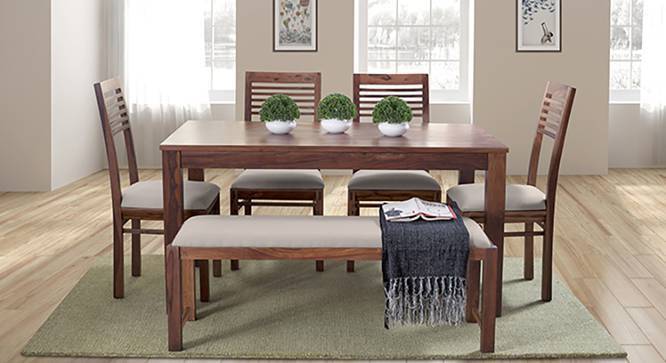 Oribi Upholstered Dining Bench (Teak Finish, Wheat Brown) by Urban Ladder - Front View - 