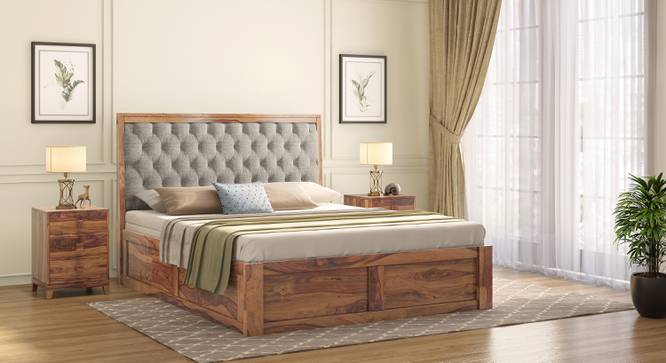 Avon Solid Wood Box Storage Bed (Teak Finish, King Bed Size, Flint Grey Futon) by Urban Ladder - Front View - 