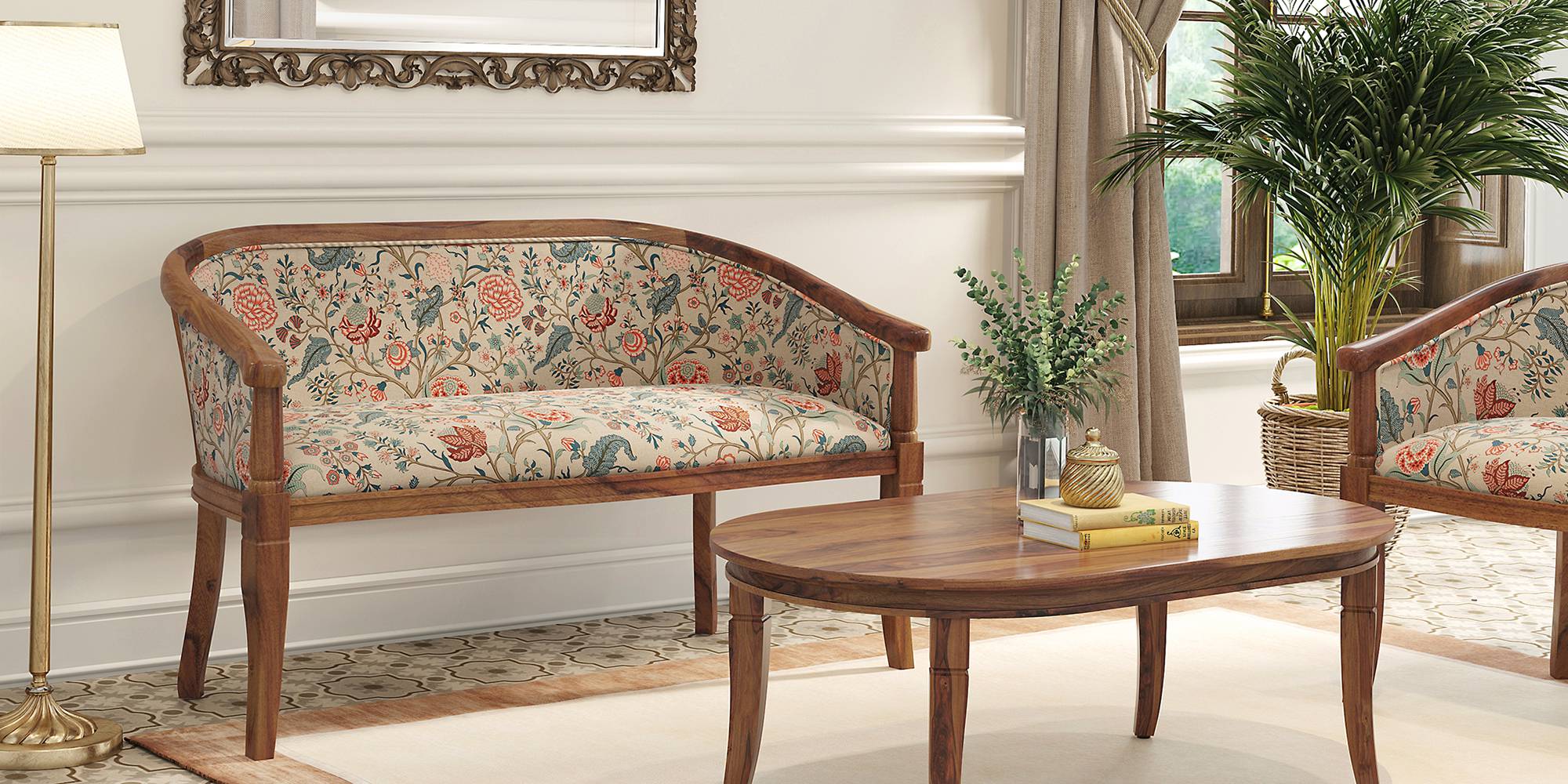 Florence Wooden Sofa -  Finish Teak (Calico Floral) by Urban Ladder - - 