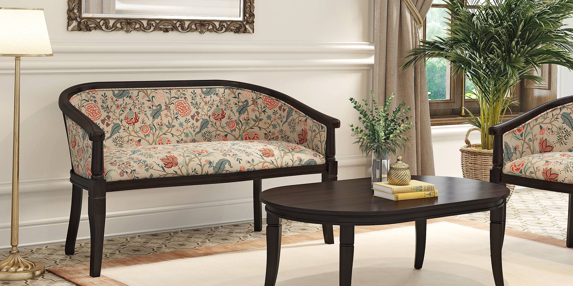 Florence Wooden Sofa -  Finish Mahogany (Calico Floral) by Urban Ladder - - 