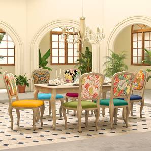 Products Design Mehr Solid Wood 6 Seater Dining Table with Set of 6 Chairs in Brushed Bali Oak Finish