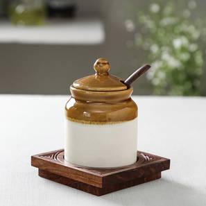 Kitchen Organizers Design ceramic Pickle jar & spoon set with wooden base stand (Brown)