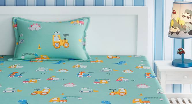 Kids Dino And Truck Print Green And Orange Bedsheet Set-  green (Green) by Urban Ladder - Front View Design 1 - 762113