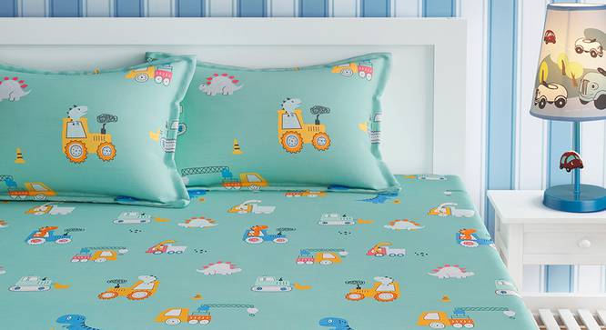 Kids Dino And Truck Print Green And Orange Bedsheet Set-green (Green) by Urban Ladder - Front View Design 1 - 762140