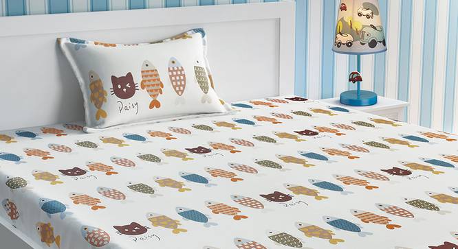 Kids Cat And Fish Print White And Grey Bedsheet Set-  white (White) by Urban Ladder - Design 1 Side View - 762232