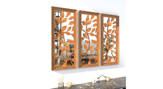 Golden Set of 3 MDF Made Leaves Design Decorative Wall Mirror (Gold) by Urban Ladder - Front View Design 1 - 765051