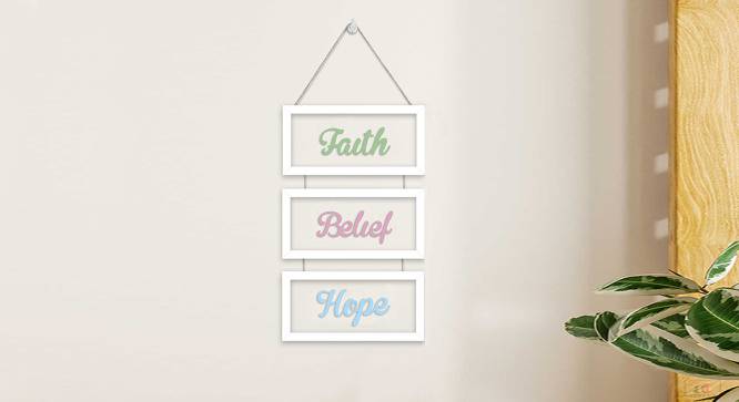 Set of 3 White Framed MDF Wall Plaques for Wall Decoration Faith Belief Hope Plaque for Decor (Color - Green, Pink and Blue, Size - 20 x 9 Inchs) (White) by Urban Ladder - Design 1 Side View - 766474