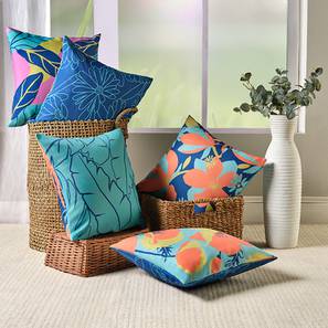 All Decor On Sale Design Spring - Digital Printed Premium Floral Cushion Covers/Throw Pillow ( 16"X16", Set of 5, Blue & Orange) (Blue)