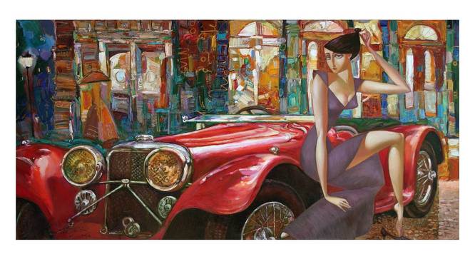 Vintage Car with Woman Painting - 24 x 14 inch (multi-color) by Urban Ladder - Front View Design 1 - 799636